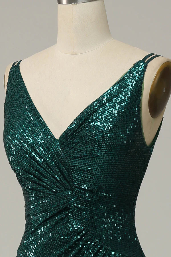 Dark Green Sequined Spaghetti Straps Prom Dress With Slit Simple gentle atmospheric and unique design
