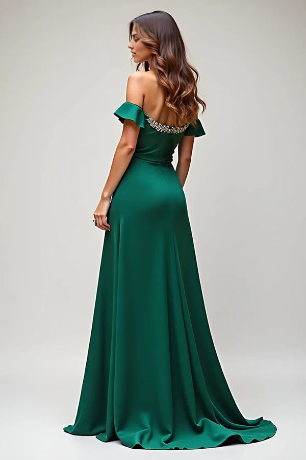 Dark Green Sheath Beaded Off The Shoulder Long Prom Dress simple gentle atmospheric and unique desi Bring summer colors to enhance whiteness