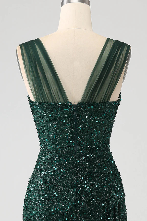 Dark Green Sheath Sparkly Sequin Pleated Long Prom Dress With Thigh Split simple gentle atmospheric and unique desi