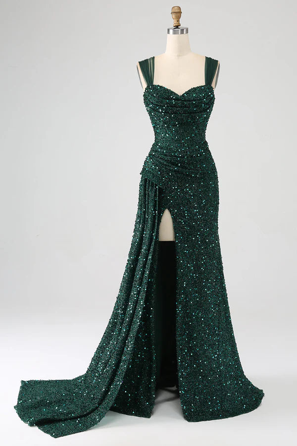 Dark Green Sheath Sparkly Sequin Pleated Long Prom Dress With Thigh Split simple gentle atmospheric and unique desi
