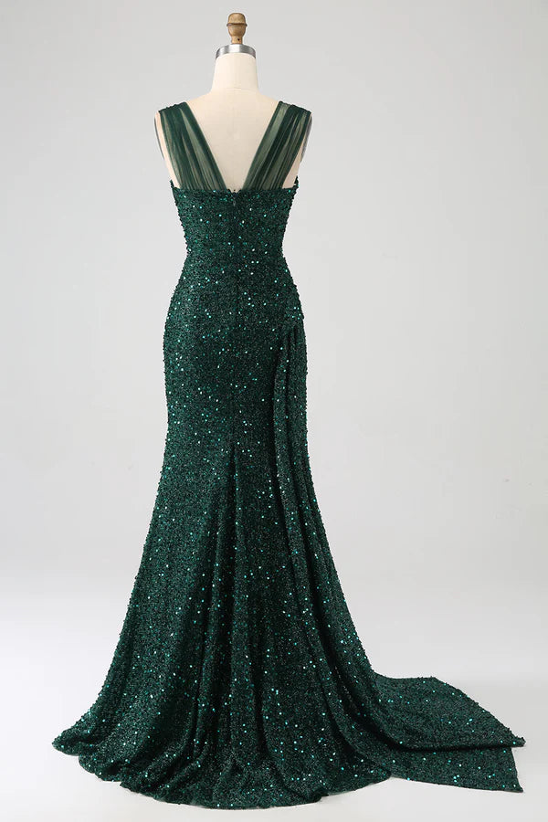 Dark Green Sheath Sparkly Sequin Pleated Long Prom Dress With Thigh Split simple gentle atmospheric and unique desi