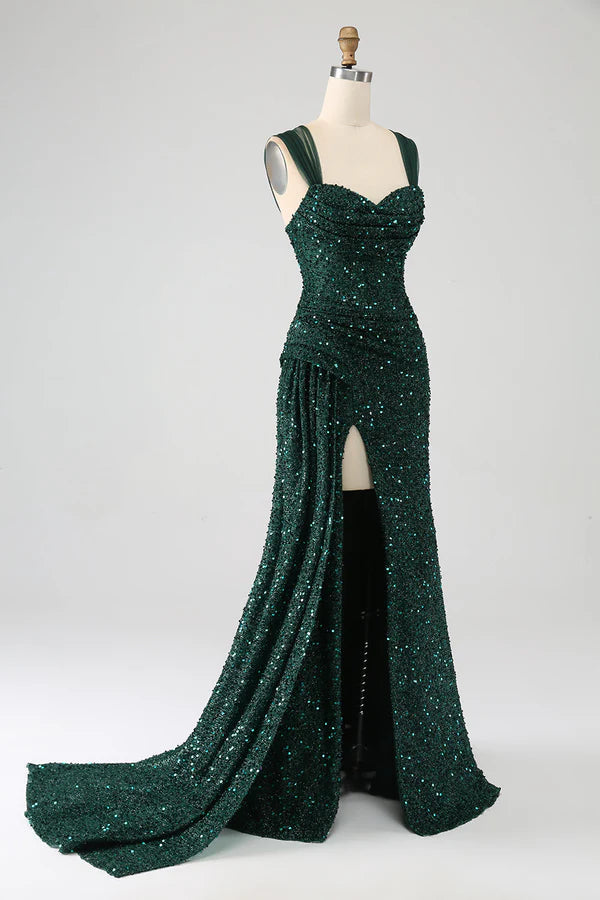 Dark Green Sheath Sparkly Sequin Pleated Long Prom Dress With Thigh Split simple gentle atmospheric and unique desi