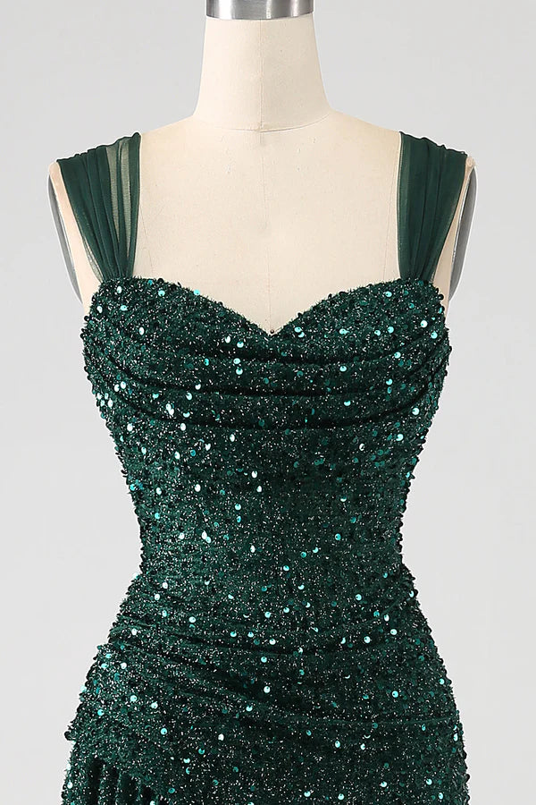 Dark Green Sheath Sparkly Sequin Pleated Long Prom Dress With Thigh Split simple gentle atmospheric and unique desi