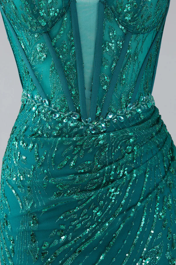 Dark Green Sparkly Mermaid Spaghetti Straps Corset Prom Dress With Slit  Split Front spheric and unique desigentle atmospheric and unique desi