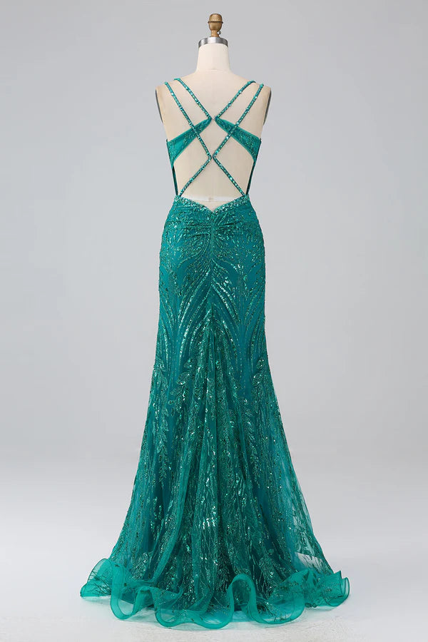 Dark Green Sparkly Mermaid Spaghetti Straps Corset Prom Dress With Slit  Split Front spheric and unique desigentle atmospheric and unique desi