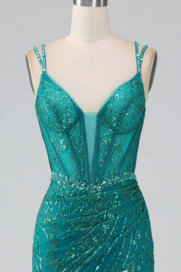 Dark Green Sparkly Mermaid Spaghetti Straps Corset Prom Dress With Slit  Split Front spheric and unique desigentle atmospheric and unique desi