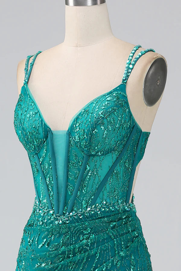 Dark Green Sparkly Mermaid Spaghetti Straps Corset Prom Dress With Slit  Split Front spheric and unique desigentle atmospheric and unique desi