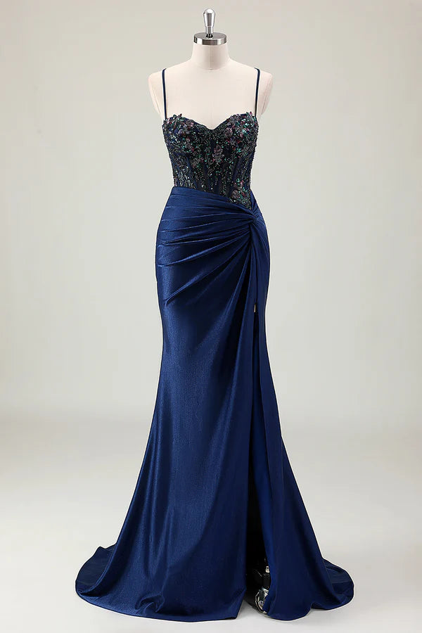Dark Navy Mermaid Sparkly Sequins Spaghetti Straps Prom Dress with Slit simple gentle atmospheric and unique desi