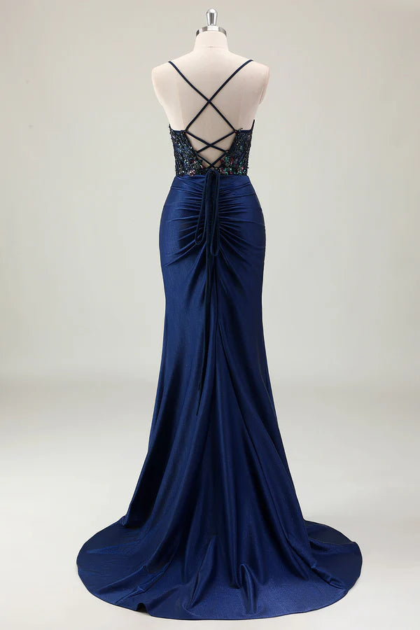 Dark Navy Mermaid Sparkly Sequins Spaghetti Straps Prom Dress with Slit simple gentle atmospheric and unique desi