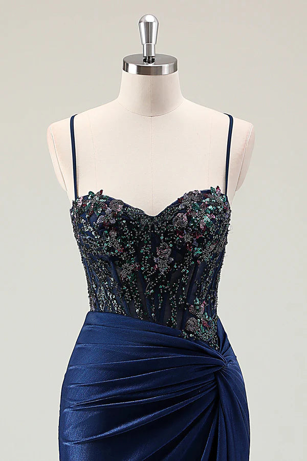 Dark Navy Mermaid Sparkly Sequins Spaghetti Straps Prom Dress with Slit simple gentle atmospheric and unique desi