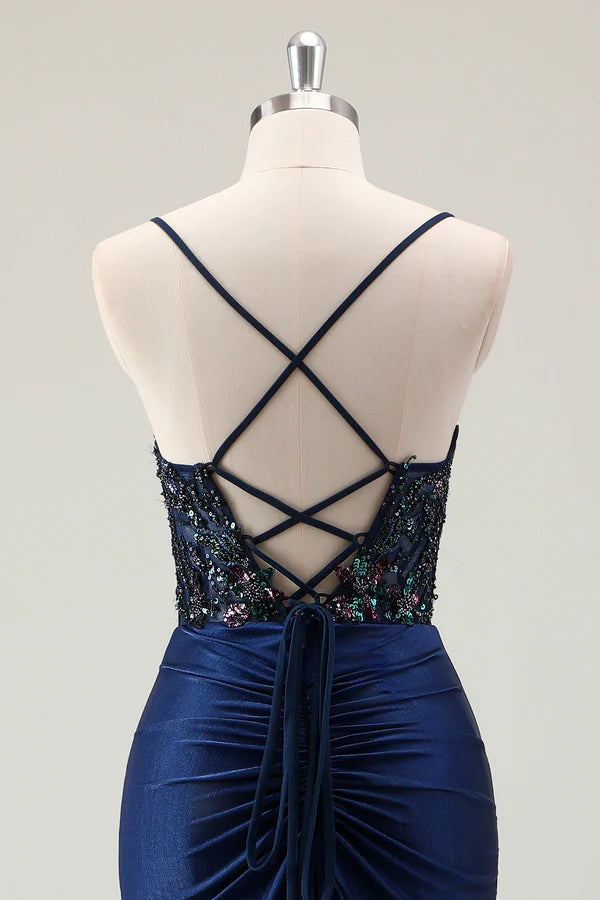 Dark Navy Mermaid Sparkly Sequins Spaghetti Straps Prom Dress with Slit simple gentle atmospheric and unique desi