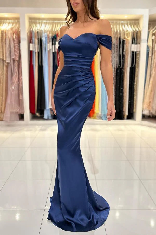 Dark Navy Off-the-Shoulder Prom Dress Mermaid Long Simple gentle atmospheric and unique design