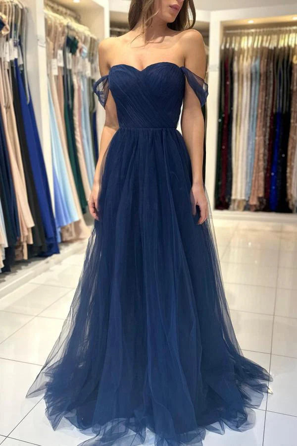Dark Navy Tulle Prom Dress Long Off-the-Shoulder Simple gentle atmospheric and unique design