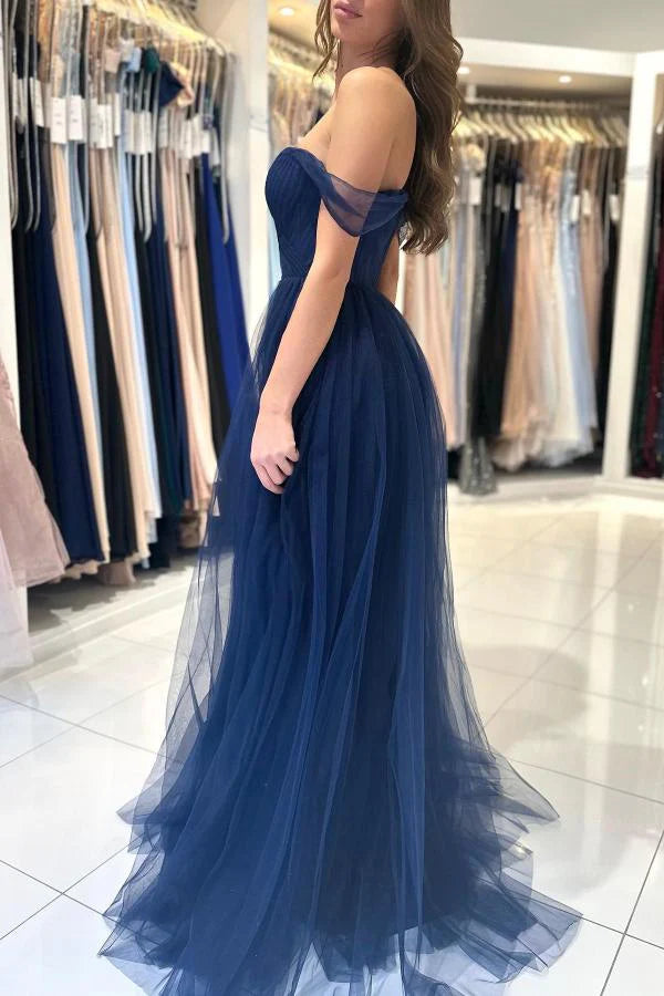 Dark Navy Tulle Prom Dress Long Off-the-Shoulder Simple gentle atmospheric and unique design