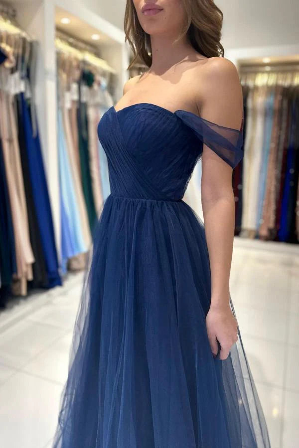 Dark Navy Tulle Prom Dress Long Off-the-Shoulder Simple gentle atmospheric and unique design