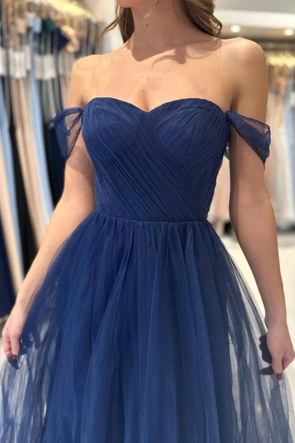 Dark Navy Tulle Prom Dress Long Off-the-Shoulder Simple gentle atmospheric and unique design