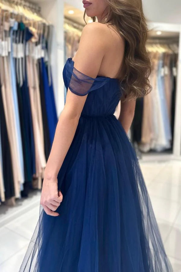 Dark Navy Tulle Prom Dress Long Off-the-Shoulder Simple gentle atmospheric and unique design