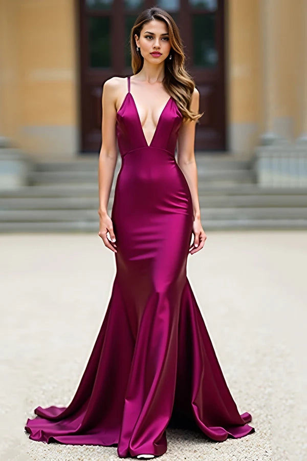 Dark Purple Mermaid Spaghetti Straps Long Satin Prom Dress simple gentle atmospheric and unique desi Bring summer colors to enhance whiteness