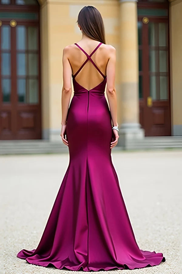 Dark Purple Mermaid Spaghetti Straps Long Satin Prom Dress simple gentle atmospheric and unique desi Bring summer colors to enhance whiteness
