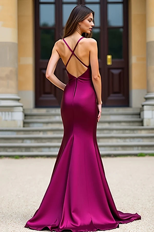 Dark Purple Mermaid Spaghetti Straps Long Satin Prom Dress simple gentle atmospheric and unique desi Bring summer colors to enhance whiteness