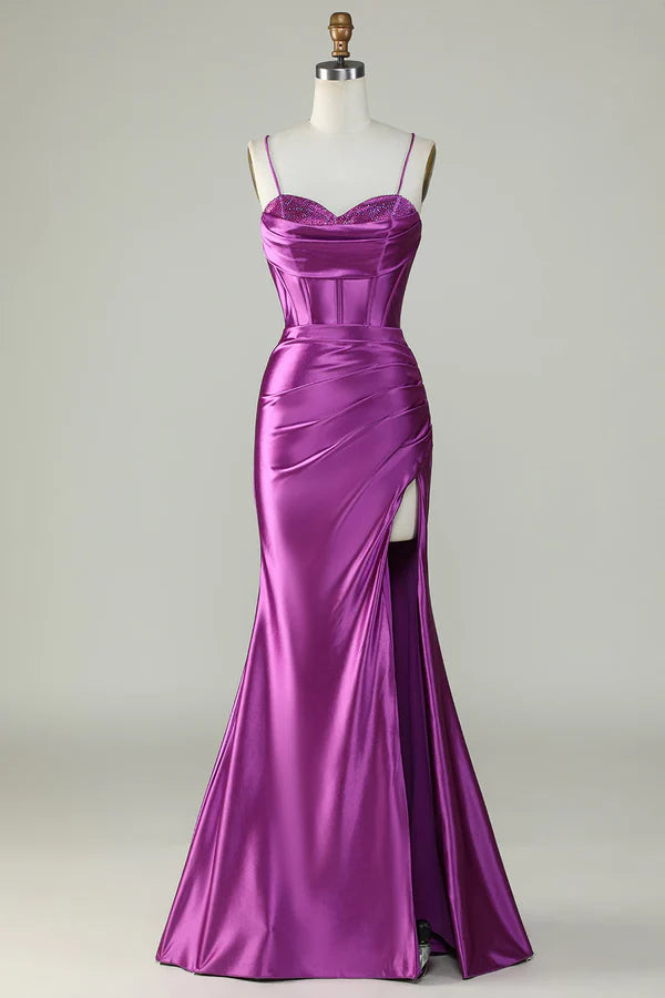 Dark Purple Spaghetti Straps Mermaid Long Prom Dress With Slit Simple gentle atmospheric and unique design