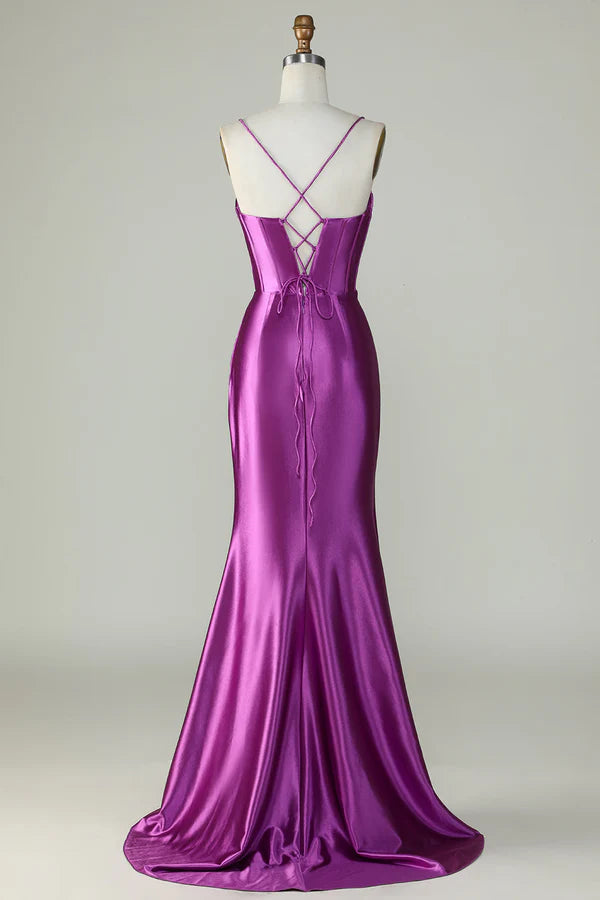 Dark Purple Spaghetti Straps Mermaid Long Prom Dress With Slit Simple gentle atmospheric and unique design