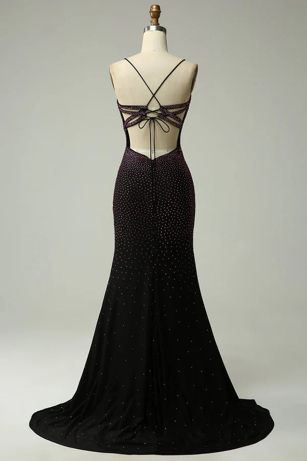 Dark Purple Spaghetti Straps Mermaid Prom Dress with Beading Simple gentle atmospheric and unique design ﻿
