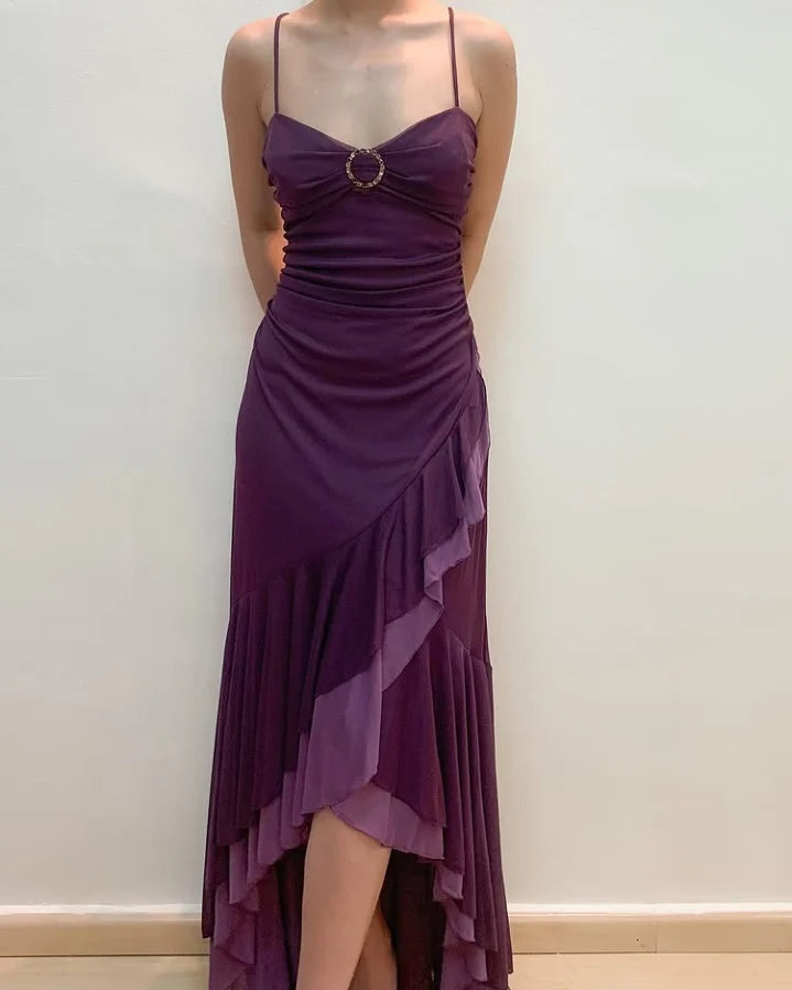 Dark Purple Spaghetti Straps Ruffled Split Prom Dress Long simple gentle atmospheric and unique desi Bring summer colors to enhance whiteness