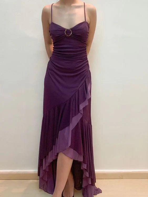Dark Purple Spaghetti Straps Ruffled Split Prom Dress Long simple gentle atmospheric and unique desi Bring summer colors to enhance whiteness