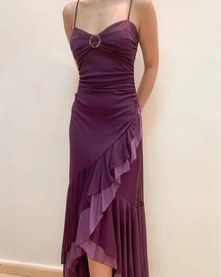 Dark Purple Spaghetti Straps Ruffled Split Prom Dress Long simple gentle atmospheric and unique desi Bring summer colors to enhance whiteness