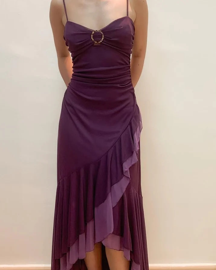 Dark Purple Spaghetti Straps Ruffled Split Prom Dress Long simple gentle atmospheric and unique desi Bring summer colors to enhance whiteness