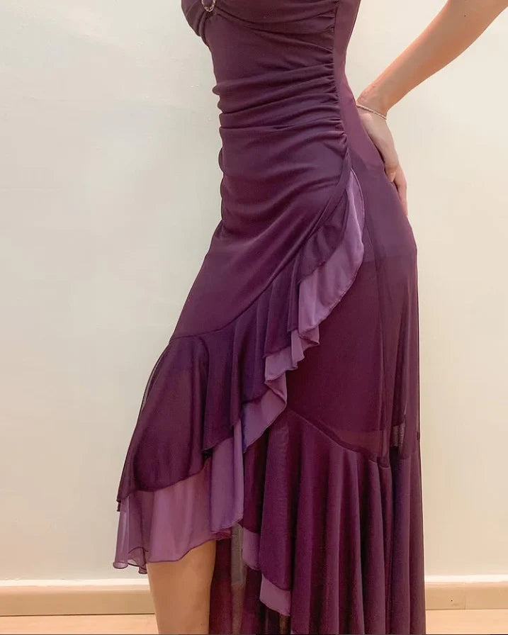 Dark Purple Spaghetti Straps Ruffled Split Prom Dress Long simple gentle atmospheric and unique desi Bring summer colors to enhance whiteness