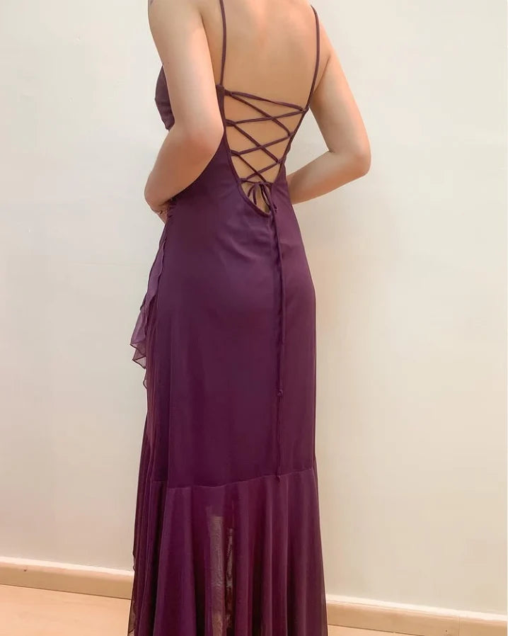 Dark Purple Spaghetti Straps Ruffled Split Prom Dress Long simple gentle atmospheric and unique desi Bring summer colors to enhance whiteness