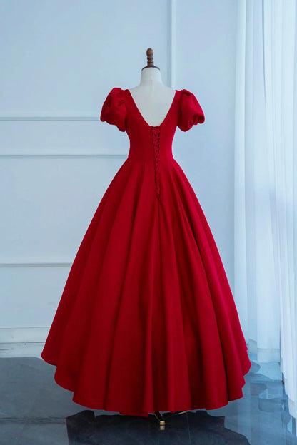 Dark Red Short Sleeve Long Prom Dress Beautiful A-Line Evening Party Dress simple gentle atmospheric and unique desi Bring summer colors to enhance white