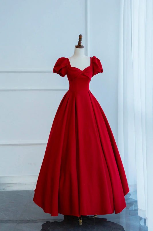 Dark Red Short Sleeve Long Prom Dress Beautiful A-Line Evening Party Dress simple gentle atmospheric and unique desi Bring summer colors to enhance white