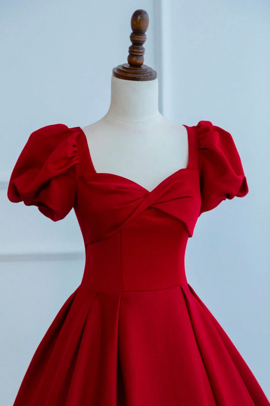 Dark Red Short Sleeve Long Prom Dress Beautiful A-Line Evening Party Dress simple gentle atmospheric and unique desi Bring summer colors to enhance white