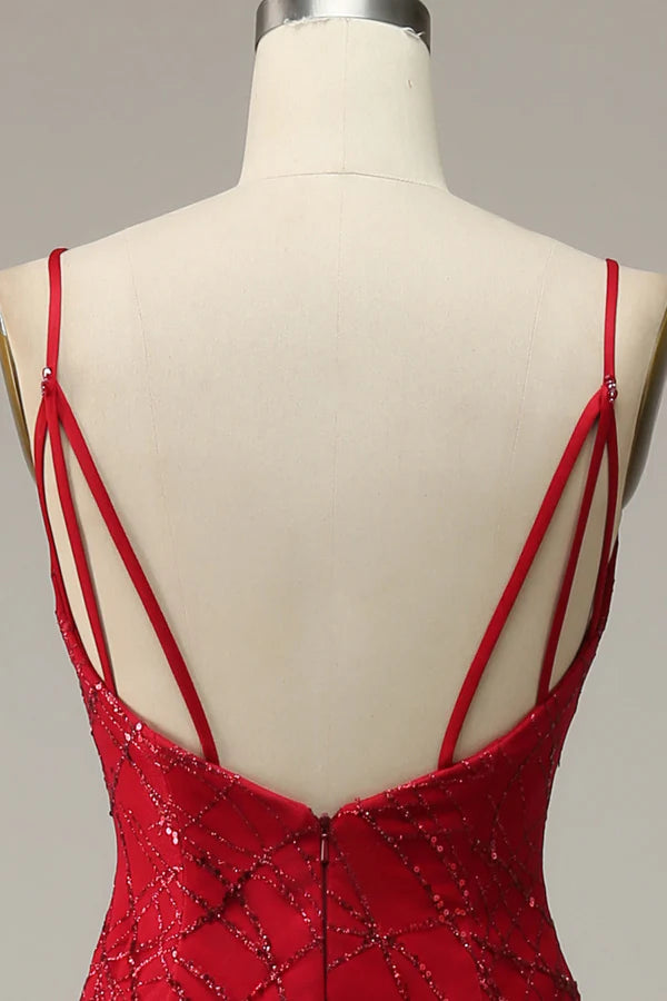 Dark Red Spaghetti Straps Mermaid Prom Dress with Slit Simple gentle atmospheric and unique design ﻿sign（副本）