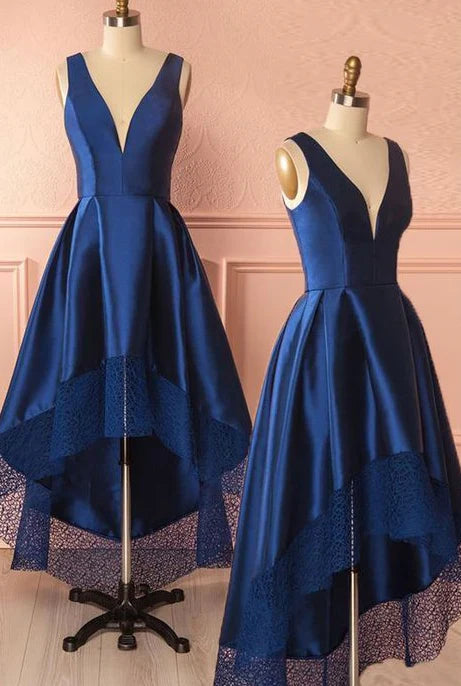 Dark blue v neck high low prom dress dark blue bridesmaid dress  simple gentle atmospheric and unique desi Bring summer colors to enhance whiteness
