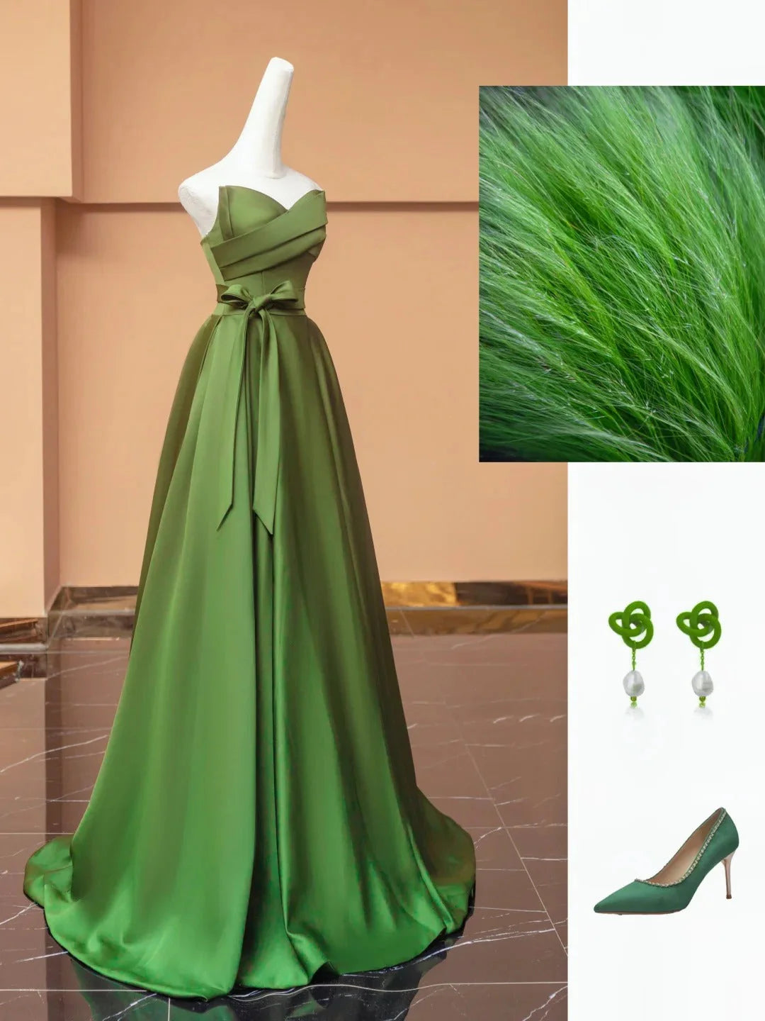 Dark green "Forest Princess" battle robe satin strapless skirt+same color shoe bag, winning hemp at the dinner party