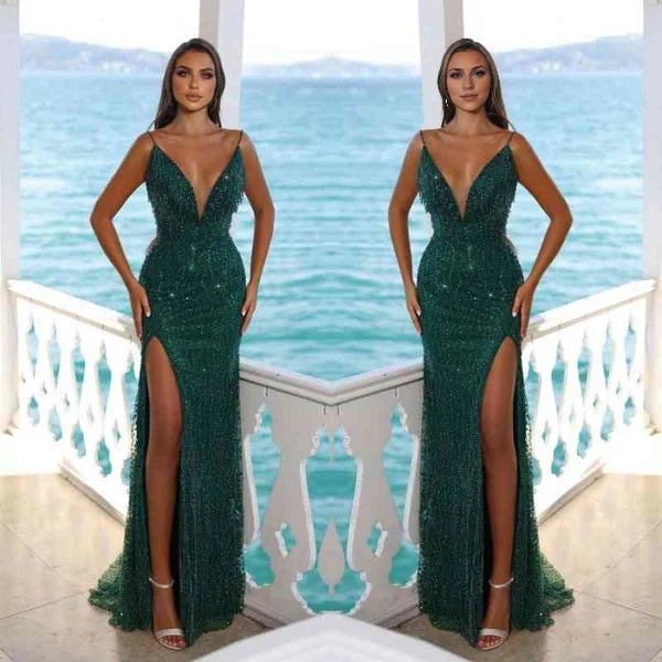 Dark green Sleeveless Prom Dress Mermaid Slit With Sequins Beads Simple gentle atmospheric and unique design