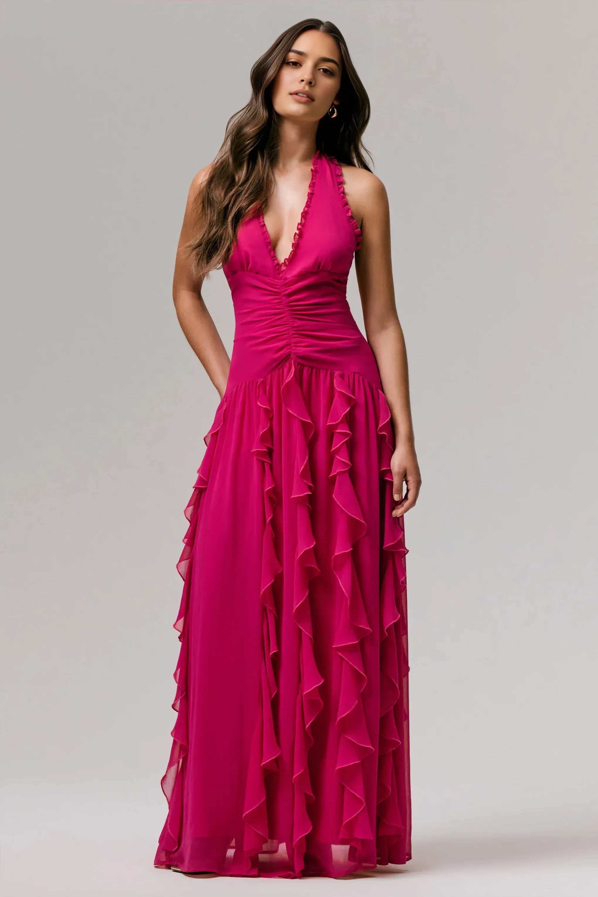 Dazzling Mermaid Halter Neck Sleeveless Open Back Ruffled Floor Length Prom Dress