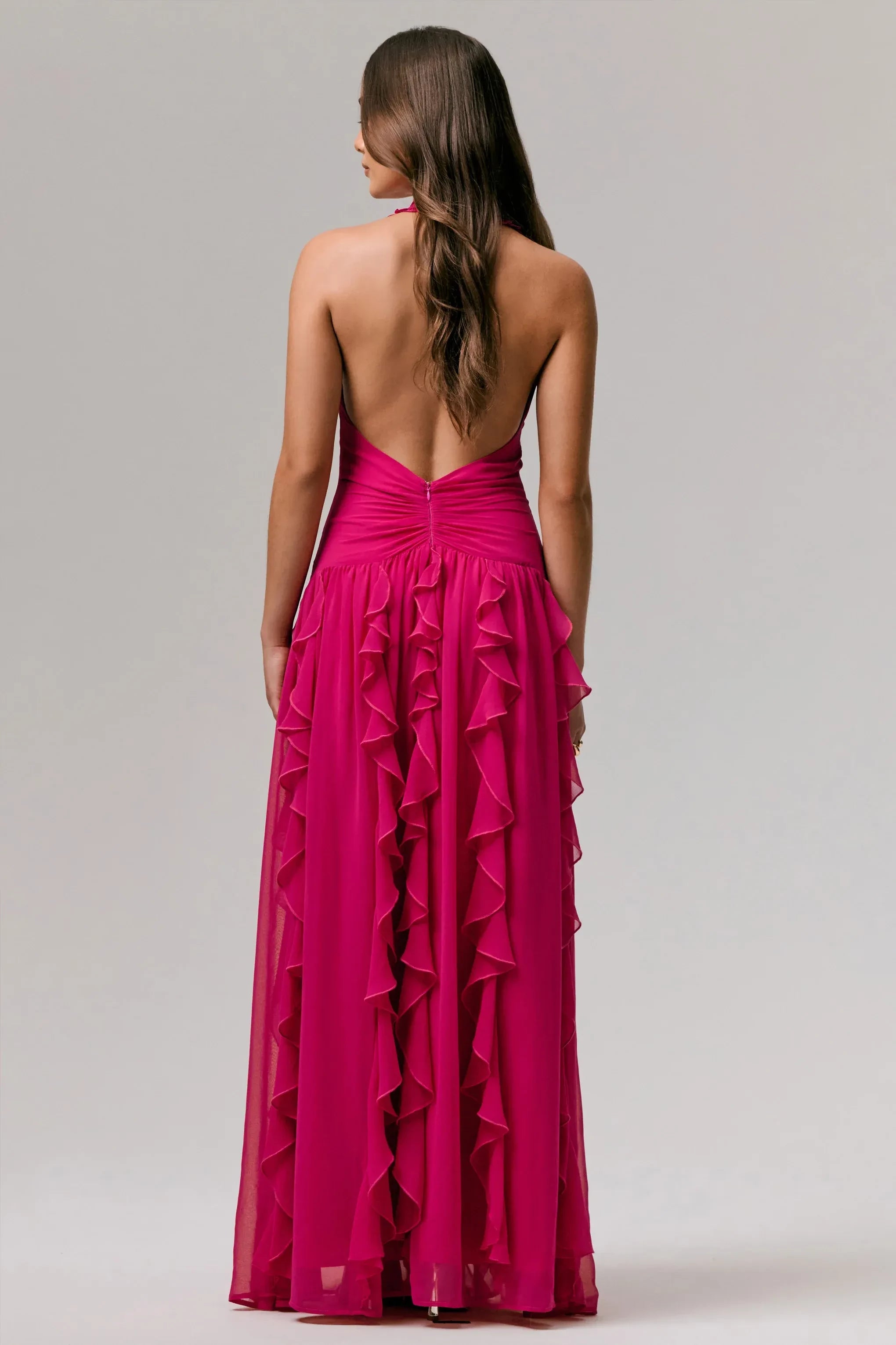 Dazzling Mermaid Halter Neck Sleeveless Open Back Ruffled Floor Length Prom Dress