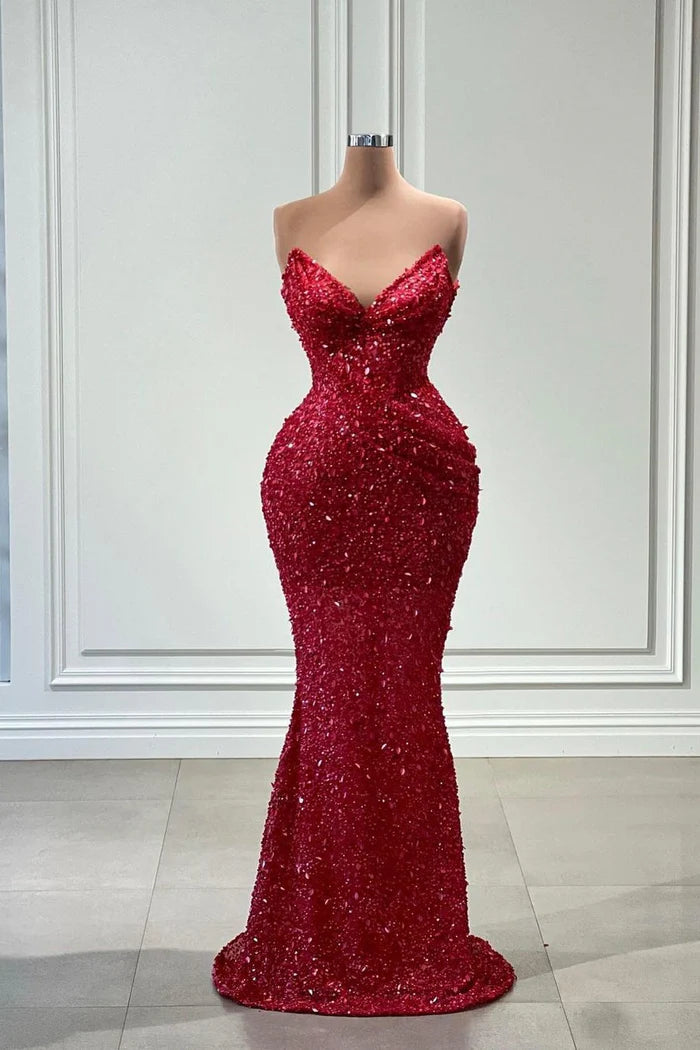 Dazzling Long Red V-neck Sequined Sleeveless Mermaid Prom Gown Simple gentle atmospheric and unique design
