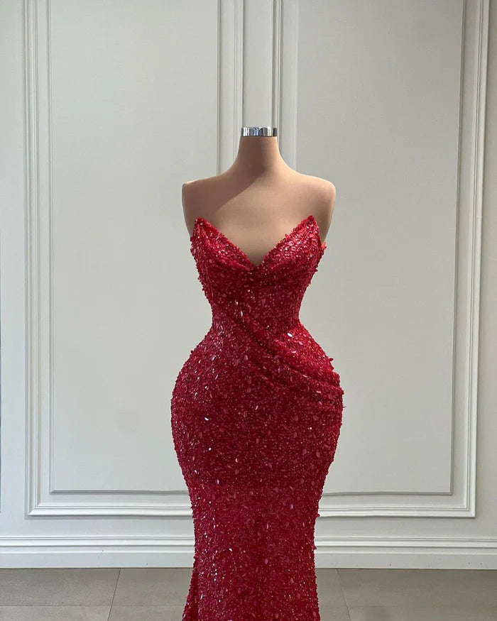 Dazzling Long Red V-neck Sequined Sleeveless Mermaid Prom Gown Simple gentle atmospheric and unique design
