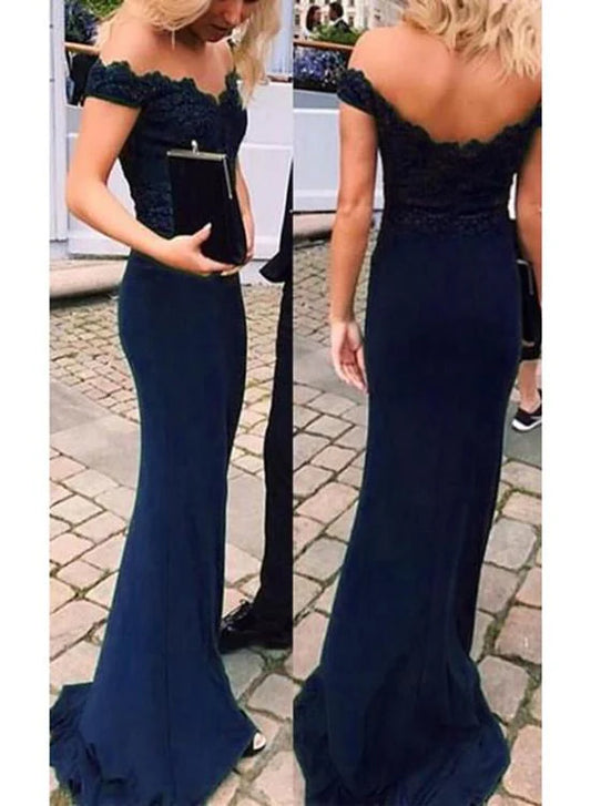 Deep blue dress with one shoulder and backless design, lace decoration on the upper part, suitable for dinners, dances, etc