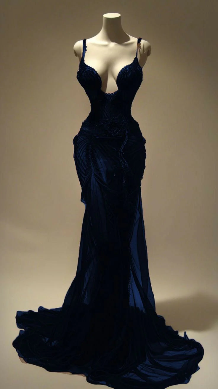 Deep blue evening dress with suspender and deep V-neck slim fishtail skirt suitable for dinner parties