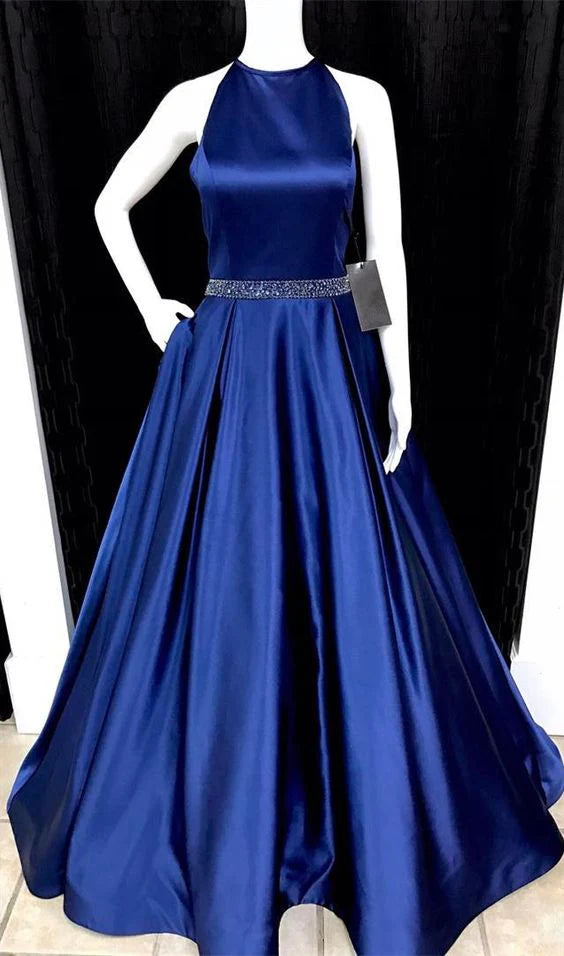 Deep blue satin dress with high neckline and sleeveless design, featuring a sparkling diamond waistband at the high waist, suitable for dinners, dances, and more