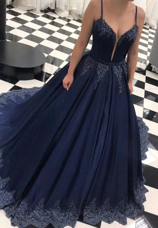 Deep blue satin dress with suspender and deep V-neck, suitable for dinners, dances, and other occasions,