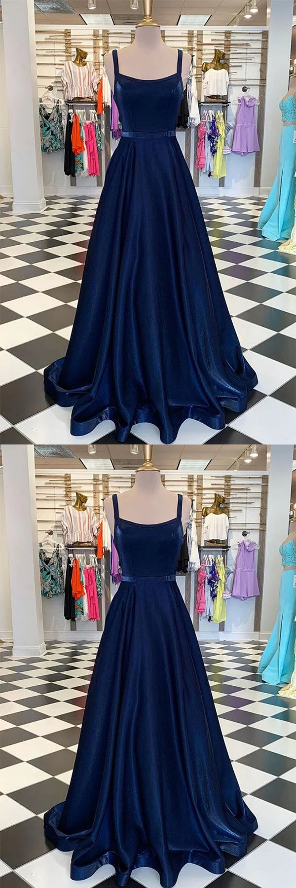 Deep blue satin dress with suspender and square neckline suitable for occasions such as dinners and dances
