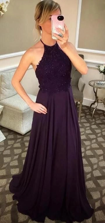 Deep purple long dress, halter neck, half body lace sequin splicing suitable for dinners, dances and other occasions